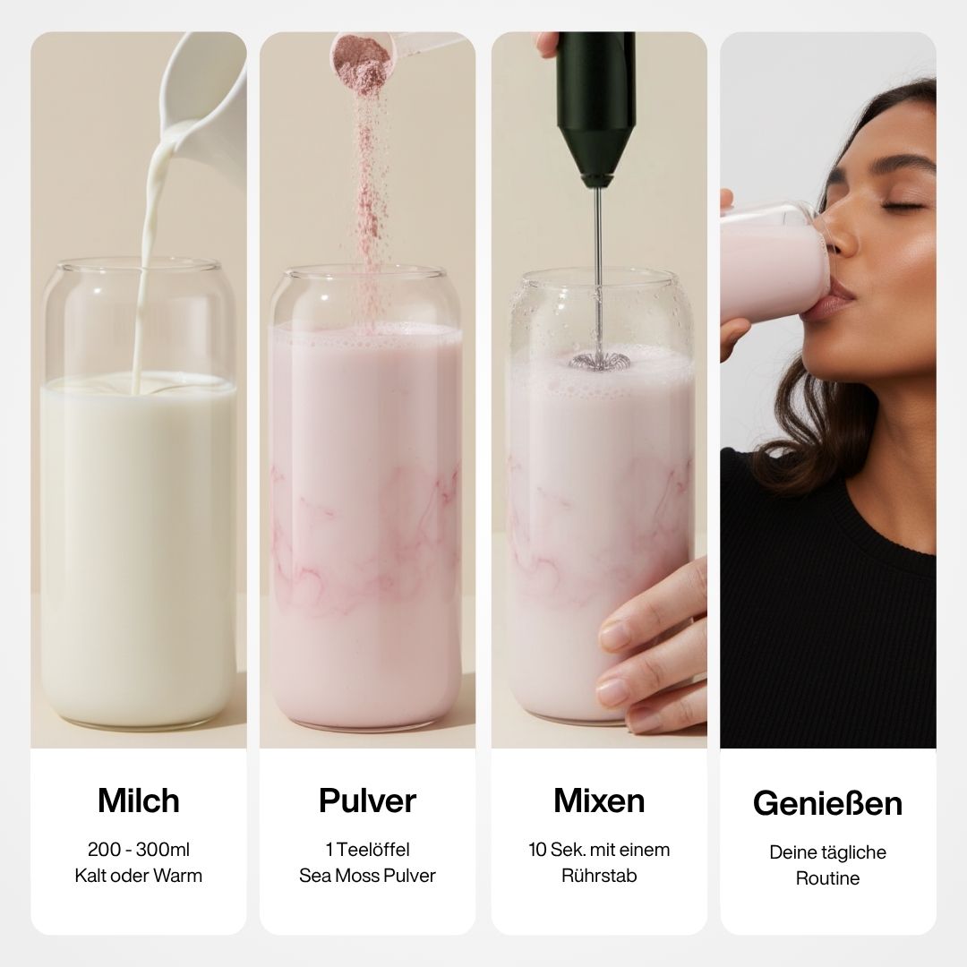 Sea Moss Berry Pulver Anwendung mit Hafermilch