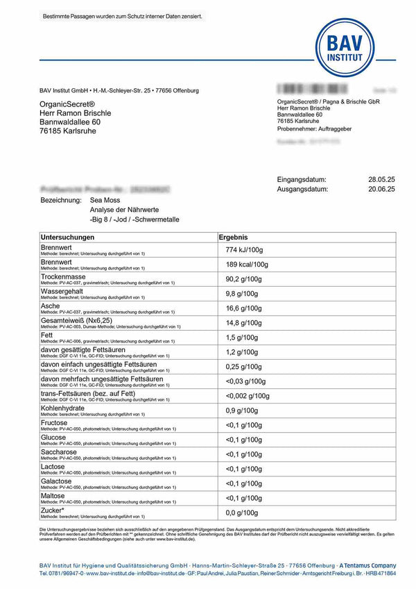 Laborgeprüftes Sea Moss zertifiziert vom BAV Institut für OrganicSecret